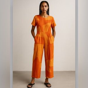 Dusen Dusen orange printed short sleeve cotton jumpsuit small
